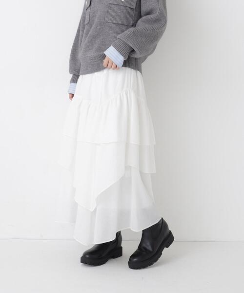 NATURAL BEAUTY BASIC(ナチュラルビューティーベーシック)の「アシンメトリーティアードスカート(スカート・レディース・ブラック/ブラウン/オフホワイト・MEDIUM/SMALL)」の4枚目の写真