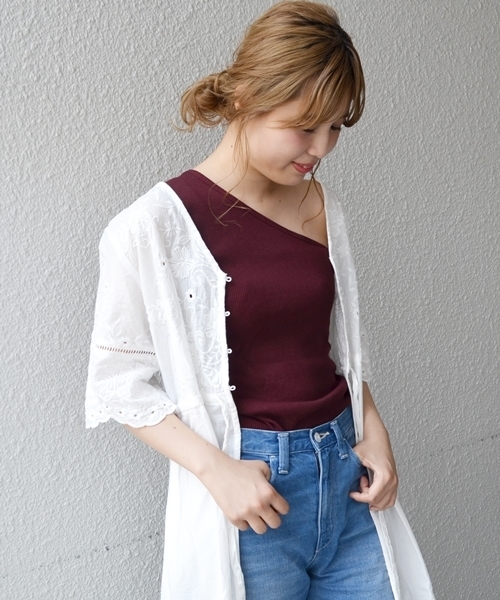 Khaju（カージュ）の「Khaju:ワンショルダーリブカット（タンクトップ・レディース・ブラック/オフホワイト/ワイン・ONE SIZE）」の3枚目の写真