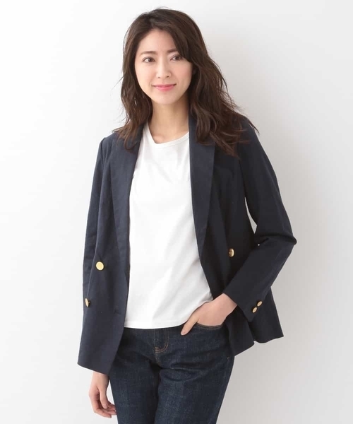 a.v.v（アーヴェヴェ）の「ダブルブレストリネンジャケット（テーラードジャケット・レディース・ネイビー/ベージュ・40/36/38）」の8枚目の写真