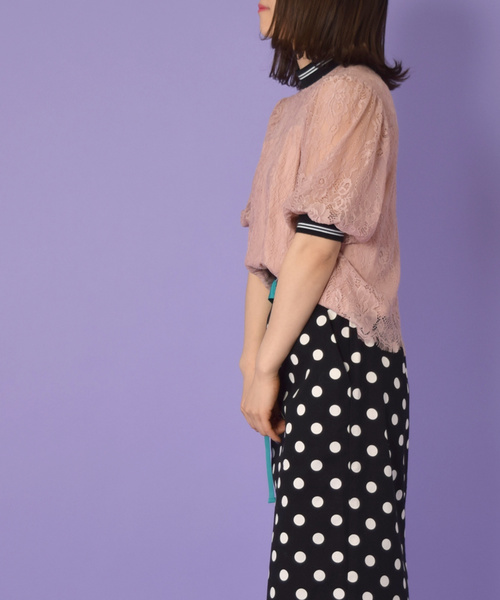 w closet（ダブルクローゼット）の「ライン入りリブ付きレースプルオーバー（シャツ/ブラウス・レディース・ピンク/オフホワイト・FREE）」の4枚目の写真