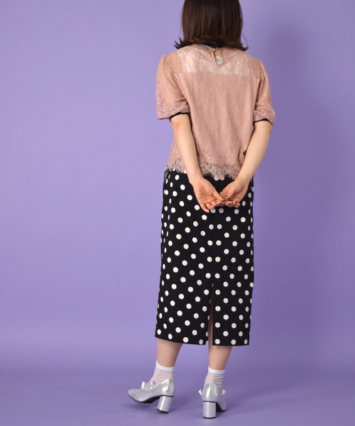 w closet（ダブルクローゼット）の「ライン入りリブ付きレースプルオーバー（シャツ/ブラウス・レディース・ピンク/オフホワイト・FREE）」の5枚目の写真