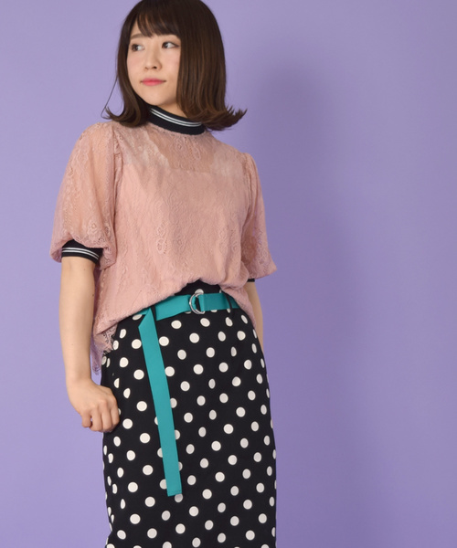 w closet（ダブルクローゼット）の「ライン入りリブ付きレースプルオーバー（シャツ/ブラウス・レディース・ピンク/オフホワイト・FREE）」の6枚目の写真