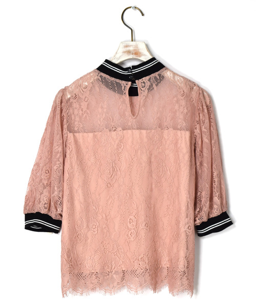 w closet（ダブルクローゼット）の「ライン入りリブ付きレースプルオーバー（シャツ/ブラウス・レディース・ピンク/オフホワイト・FREE）」の7枚目の写真