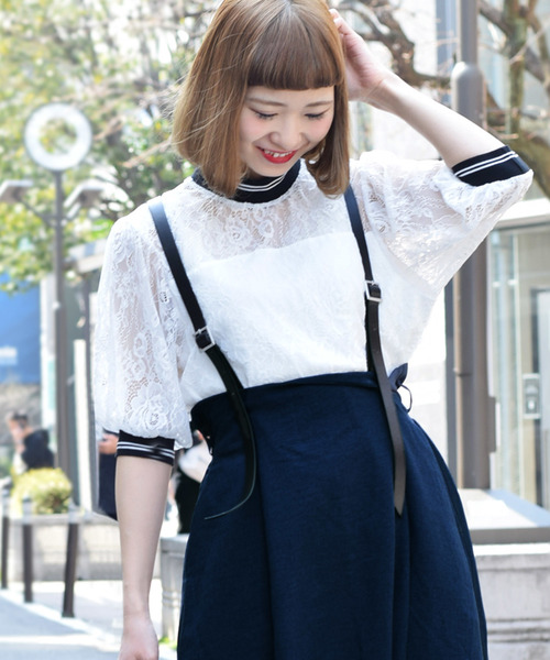 w closet（ダブルクローゼット）の「ライン入りリブ付きレースプルオーバー（シャツ/ブラウス・レディース・ピンク/オフホワイト・FREE）」の15枚目の写真