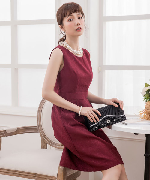セール】結婚式ワンピースダマスク柄ノースリーブワンピース