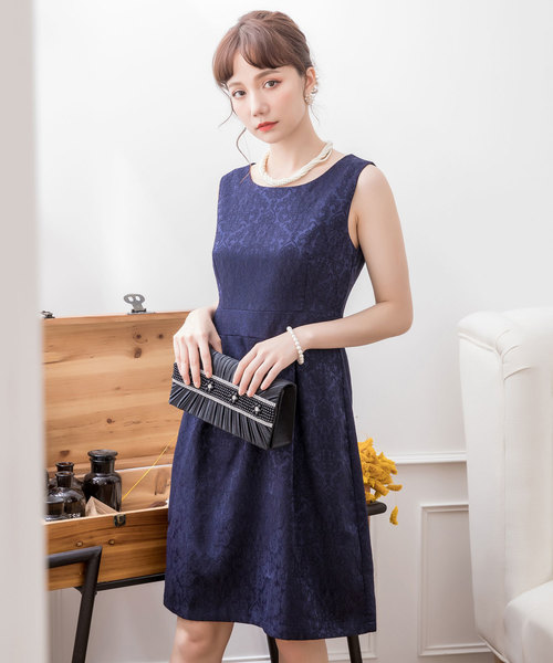 セール】結婚式ワンピースダマスク柄ノースリーブワンピース