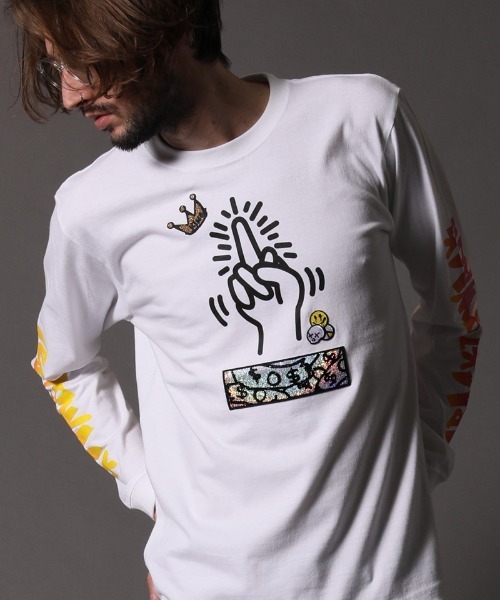 STUD MUFFIN(スタッドマフィン)の「mlt3193-5.6OZコットン天竺CRACK IS WACKシークイン L-S Tシャツ(Tシャツ/カットソー・メンズ・ホワイト/ブラック・2/3/4)」の2枚目の写真