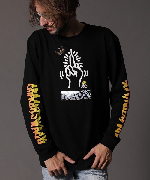STUD MUFFIN(スタッドマフィン)の「mlt3193-5.6OZコットン天竺CRACK IS WACKシークイン L-S Tシャツ(Tシャツ/カットソー・メンズ・ホワイト/ブラック・2/3/4)」の1枚目の写真