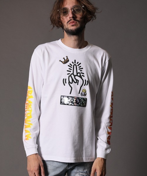 STUD MUFFIN(スタッドマフィン)の「mlt3193-5.6OZコットン天竺CRACK IS WACKシークイン L-S Tシャツ(Tシャツ/カットソー・メンズ・ホワイト/ブラック・2/3/4)」の3枚目の写真