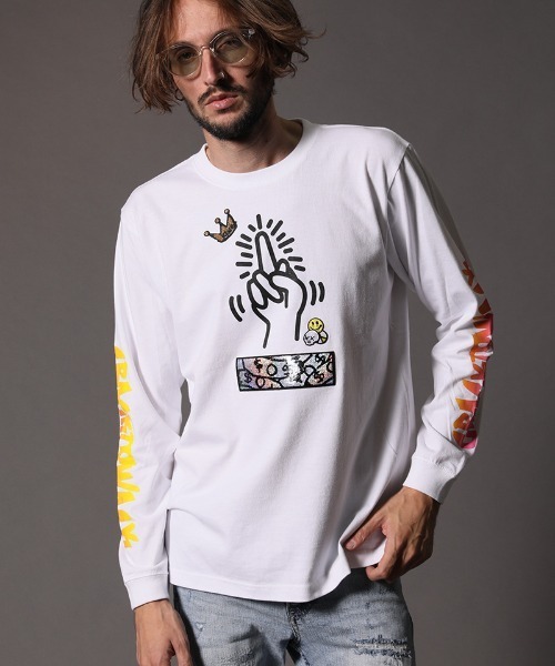 STUD MUFFIN(スタッドマフィン)の「mlt3193-5.6OZコットン天竺CRACK IS WACKシークイン L-S Tシャツ(Tシャツ/カットソー・メンズ・ホワイト/ブラック・2/3/4)」の4枚目の写真