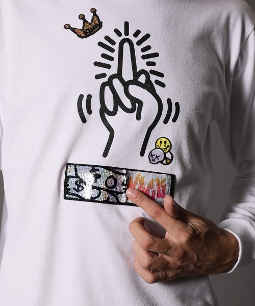 STUD MUFFIN(スタッドマフィン)の「mlt3193-5.6OZコットン天竺CRACK IS WACKシークイン L-S Tシャツ(Tシャツ/カットソー・メンズ・ホワイト/ブラック・2/3/4)」の9枚目の写真