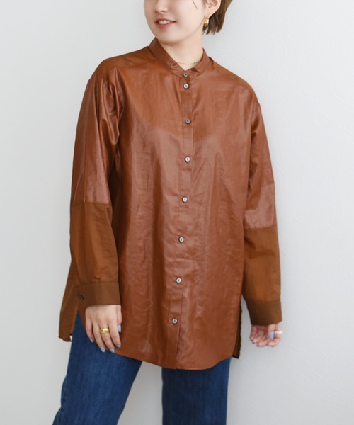 palm RICHE(ポームリシュ)の「レザーライクシアーシャツ(シャツ/ブラウス・レディース・ブラック/ベージュ/ブラウン・M)」の15枚目の写真