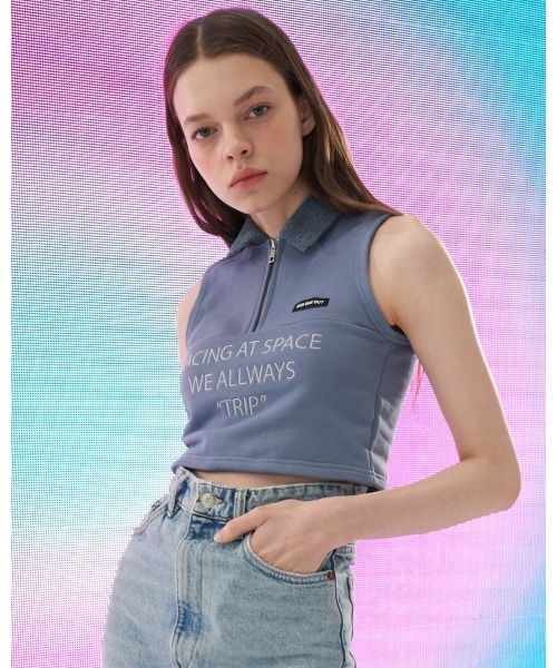 oddoneout(オッドワンアウト)の「『ODD ONE OUT/オッドワンアウト』Denim collar zipper top/デニムカラー ジッパー トップ クロップド丈 スリーブレス(Tシャツ/カットソー・レディース・ネイビー/ブルー/アイボリー・FREE)」の3枚目の写真