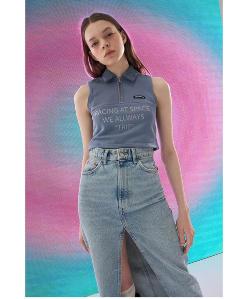 oddoneout(オッドワンアウト)の「『ODD ONE OUT/オッドワンアウト』Denim collar zipper top/デニムカラー ジッパー トップ クロップド丈 スリーブレス(Tシャツ/カットソー・レディース・ネイビー/ブルー/アイボリー・FREE)」の5枚目の写真