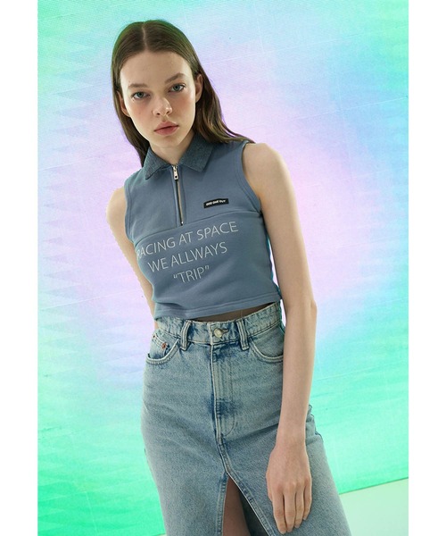 oddoneout(オッドワンアウト)の「『ODD ONE OUT/オッドワンアウト』Denim collar zipper top/デニムカラー ジッパー トップ クロップド丈 スリーブレス(Tシャツ/カットソー・レディース・ネイビー/ブルー/アイボリー・FREE)」の9枚目の写真