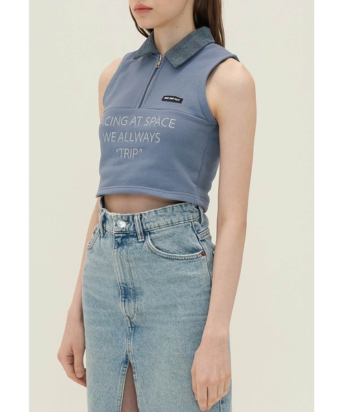 oddoneout(オッドワンアウト)の「『ODD ONE OUT/オッドワンアウト』Denim collar zipper top/デニムカラー ジッパー トップ クロップド丈 スリーブレス(Tシャツ/カットソー・レディース・ネイビー/ブルー/アイボリー・FREE)」の10枚目の写真