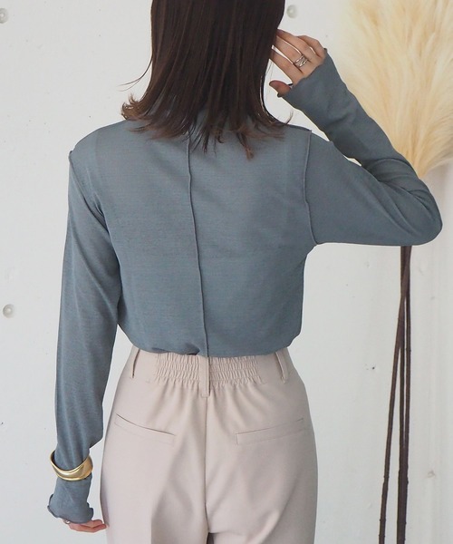 tiptop（ティップトップ）の「【2サイズ展開】シアーメローハイネックロンT 【Lサイズあり】（Tシャツ/カットソー・レディース・オフホワイト/ブラック/ブルー/モカ/グリーン/ブラウン・FREE/L）」の12枚目の写真