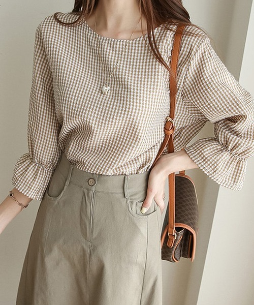 Bifrost（ビフレスト）の「ギンガムチェックフリルスリーブブラウス（Tシャツ/カットソー・レディース・ブラック/ブルー/キャメル・M/L）」の3枚目の写真