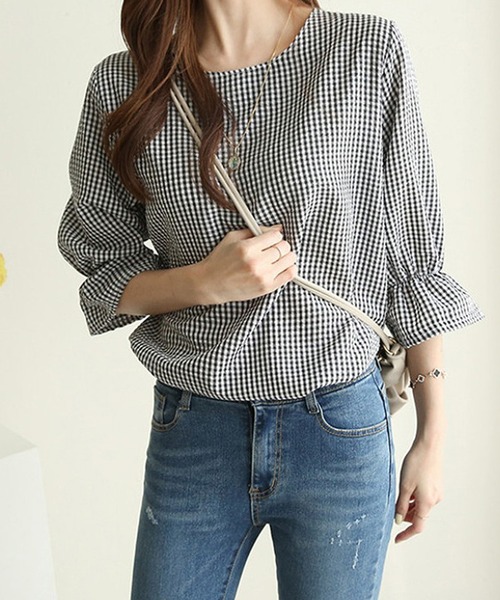 Bifrost（ビフレスト）の「ギンガムチェックフリルスリーブブラウス（Tシャツ/カットソー・レディース・ブラック/ブルー/キャメル・M/L）」の2枚目の写真