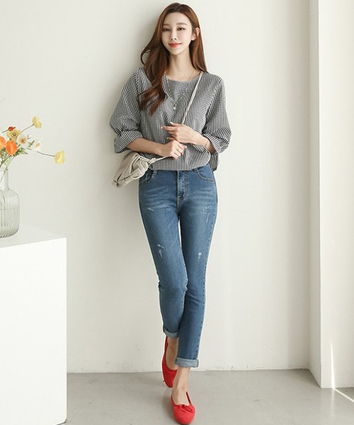 Bifrost（ビフレスト）の「ギンガムチェックフリルスリーブブラウス（Tシャツ/カットソー・レディース・ブラック/ブルー/キャメル・M/L）」の7枚目の写真