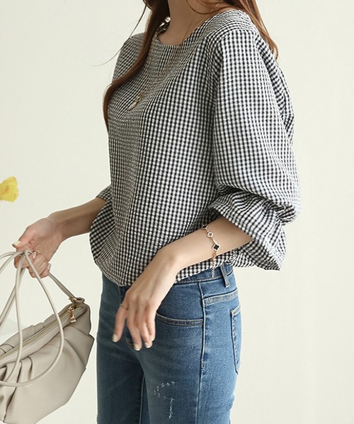 Bifrost（ビフレスト）の「ギンガムチェックフリルスリーブブラウス（Tシャツ/カットソー・レディース・ブラック/ブルー/キャメル・M/L）」の5枚目の写真