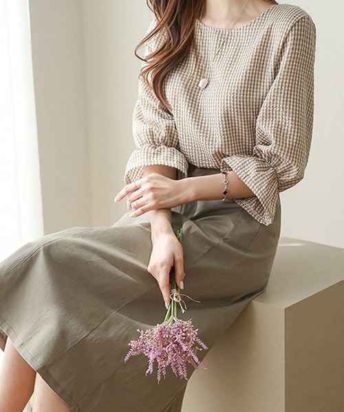 Bifrost（ビフレスト）の「ギンガムチェックフリルスリーブブラウス（Tシャツ/カットソー・レディース・ブラック/ブルー/キャメル・M/L）」の6枚目の写真