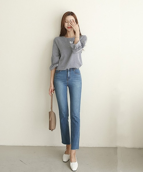 Bifrost（ビフレスト）の「ギンガムチェックフリルスリーブブラウス（Tシャツ/カットソー・レディース・ブラック/ブルー/キャメル・M/L）」の4枚目の写真