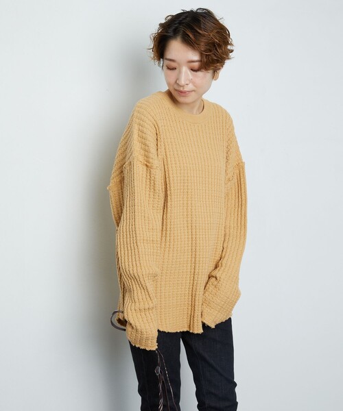 FREAK'S STORE（フリークスストア）の「▽【WEB限定】鬼ワッフルクルーネックダメージニット（ニット/セーター・レディース・ブラック/ベージュ/オリーブ/ブルー/マスタード/ナチュラル/パープル/ネイビー/イエロー・ﾌﾘ-）」の21枚目の写真