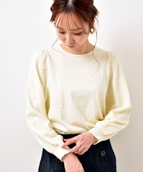le.coeur blanc（ルクールブラン）の「柄編みスリーブニットプルオーバー（ニット/セーター・レディース・アイボリー/グリーン/ブラック・FREE）」の5枚目の写真