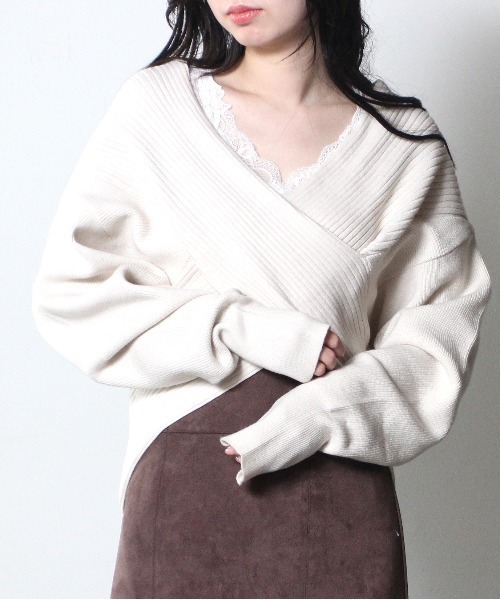 NOMAE(ノーマエ)の「【NOMAE】クロスニット(ニット/セーター・レディース・ホワイト/ブラック/パープル/ライトグリーン・FREE)」の5枚目の写真