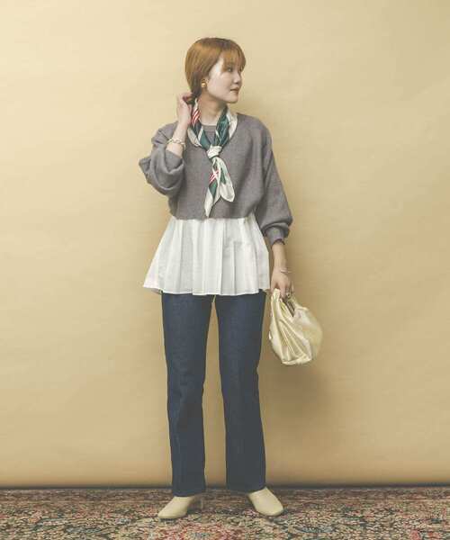 UR Lab.（アーバンリサーチラボ）の「ブラウスコンビショートニットプルオーバー（ニット/セーター・レディース・ネイビー/モカ/グレー系その他・FREE）」の9枚目の写真