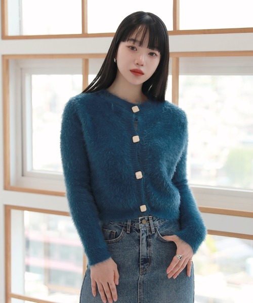 レオナール カーディガン トリム 宝石プリント カンカン素材 ブラック