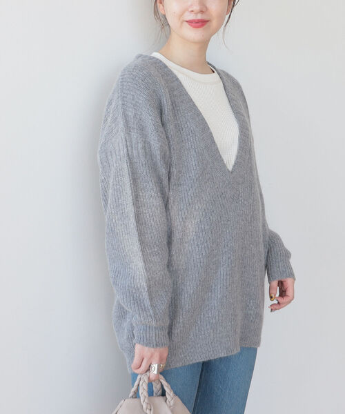 BEAMS LIGHTS(ビームスライツ)の「BEAMS LIGHTS / 5ゲージ 片畦 ラムウール混 Vネック ニット(ニット/セーター・レディース・ネイビー/グレー/ピンク・ONE SIZE)」の4枚目の写真