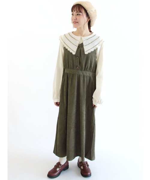 ehka sopo（エヘカソポ）の「コーデュロイVネックジャンパースカート（ジャンパースカート・レディース・ベージュ/ブラウン/カーキ・ﾌﾘ-）」の3枚目の写真