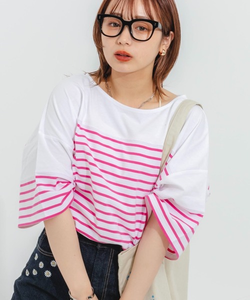 nemne store(ネンネストア)の「パネルボーダーTシャツ(Tシャツ/カットソー・レディース・ピンク/オレンジ/ブルー/グリーン・フリー)」の4枚目の写真