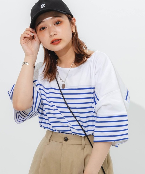 nemne store(ネンネストア)の「パネルボーダーTシャツ(Tシャツ/カットソー・レディース・ピンク/オレンジ/ブルー/グリーン・フリー)」の3枚目の写真