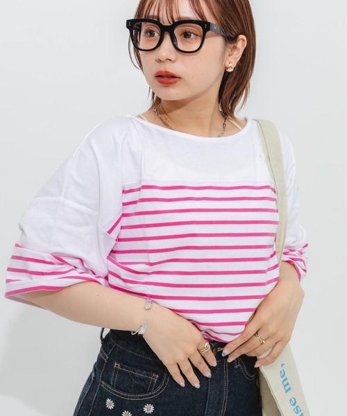 nemne store(ネンネストア)の「パネルボーダーTシャツ(Tシャツ/カットソー・レディース・ピンク/オレンジ/ブルー/グリーン・フリー)」の5枚目の写真