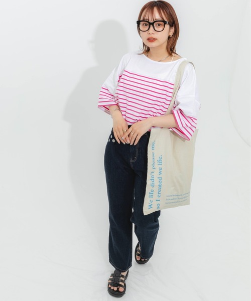 nemne store(ネンネストア)の「パネルボーダーTシャツ(Tシャツ/カットソー・レディース・ピンク/オレンジ/ブルー/グリーン・フリー)」の12枚目の写真