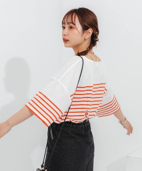 nemne store(ネンネストア)の「パネルボーダーTシャツ(Tシャツ/カットソー・レディース・ピンク/オレンジ/ブルー/グリーン・フリー)」の19枚目の写真