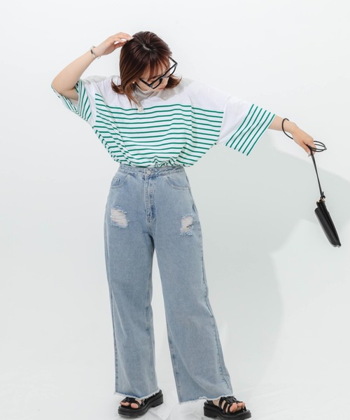 nemne store(ネンネストア)の「パネルボーダーTシャツ(Tシャツ/カットソー・レディース・ピンク/オレンジ/ブルー/グリーン・フリー)」の9枚目の写真