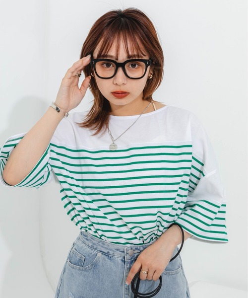 nemne store(ネンネストア)の「パネルボーダーTシャツ(Tシャツ/カットソー・レディース・ピンク/オレンジ/ブルー/グリーン・フリー)」の14枚目の写真