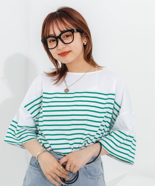 nemne store(ネンネストア)の「パネルボーダーTシャツ(Tシャツ/カットソー・レディース・ピンク/オレンジ/ブルー/グリーン・フリー)」の20枚目の写真