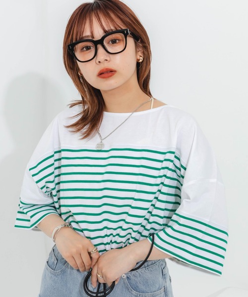 nemne store(ネンネストア)の「パネルボーダーTシャツ(Tシャツ/カットソー・レディース・ピンク/オレンジ/ブルー/グリーン・フリー)」の8枚目の写真