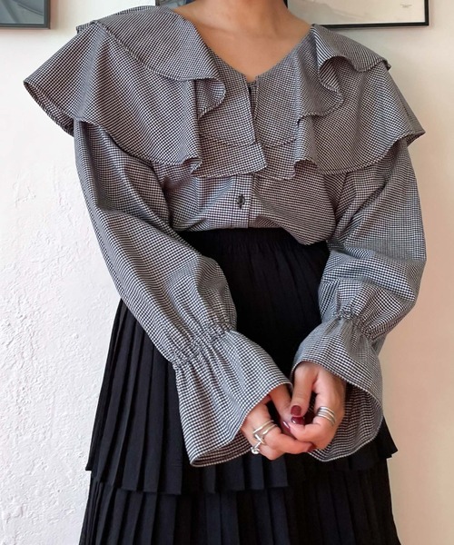archives（アルシーヴ）の「ラッフルフリルチェックブラウス（シャツ/ブラウス・レディース・ブラック/ブラウン/グリーン・MEDIUM）」の4枚目の写真