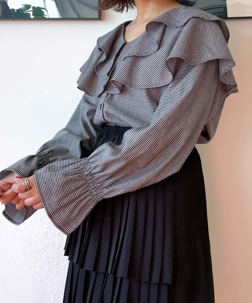 archives（アルシーヴ）の「ラッフルフリルチェックブラウス（シャツ/ブラウス・レディース・ブラック/ブラウン/グリーン・MEDIUM）」の5枚目の写真