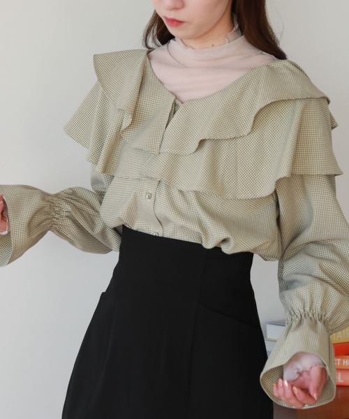 archives（アルシーヴ）の「ラッフルフリルチェックブラウス（シャツ/ブラウス・レディース・ブラック/ブラウン/グリーン・MEDIUM）」の10枚目の写真