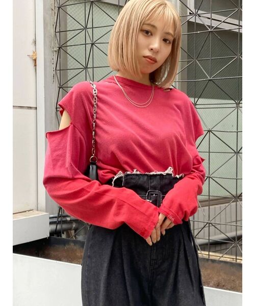 EMODA（エモダ）の「ビンテージクラッシュロングTシャツ（Tシャツ/カットソー・レディース・ホワイト/ブラック/レッド・FREE）」の7枚目の写真