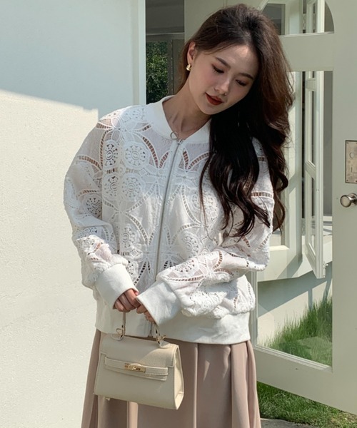 ECLIN（エクラン）の「総レースノーカラージャケット（ノーカラージャケット・レディース・ホワイト/ブラック・FREE）」の7枚目の写真