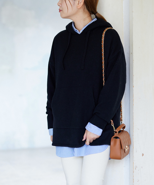 JOURNAL STANDARD（ジャーナルスタンダード）の「ファインラムズウールカシミヤ混フーディ（ニット/セーター・レディース・ブラック/ベージュ/レッド・FREE）」の10枚目の写真