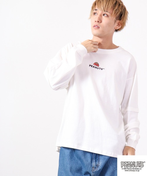 PEANUTS(ピーナッツ)の「PEANUTS スヌーピー レイヤード BIGロングスリーブTシャツ(Tシャツ/カットソー・メンズ・カーキ/ベージュ/ネイビー/ブラウン/オフホワイト/ピンクベージュ・L/M)」の7枚目の写真